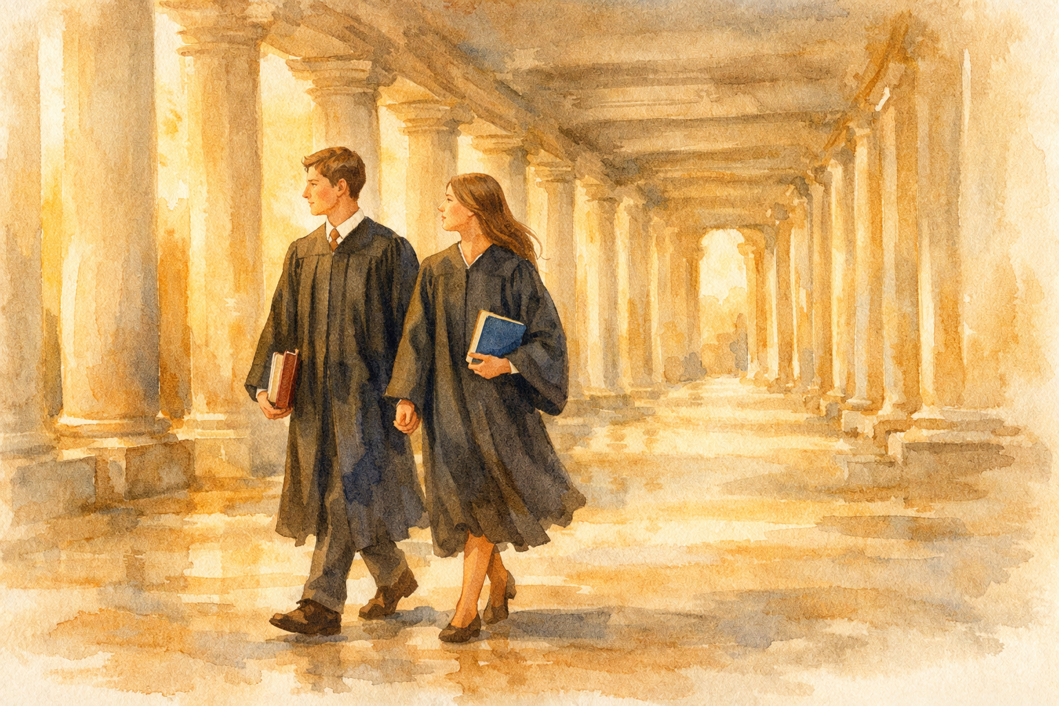 Graduates walking through a classical colonnade
