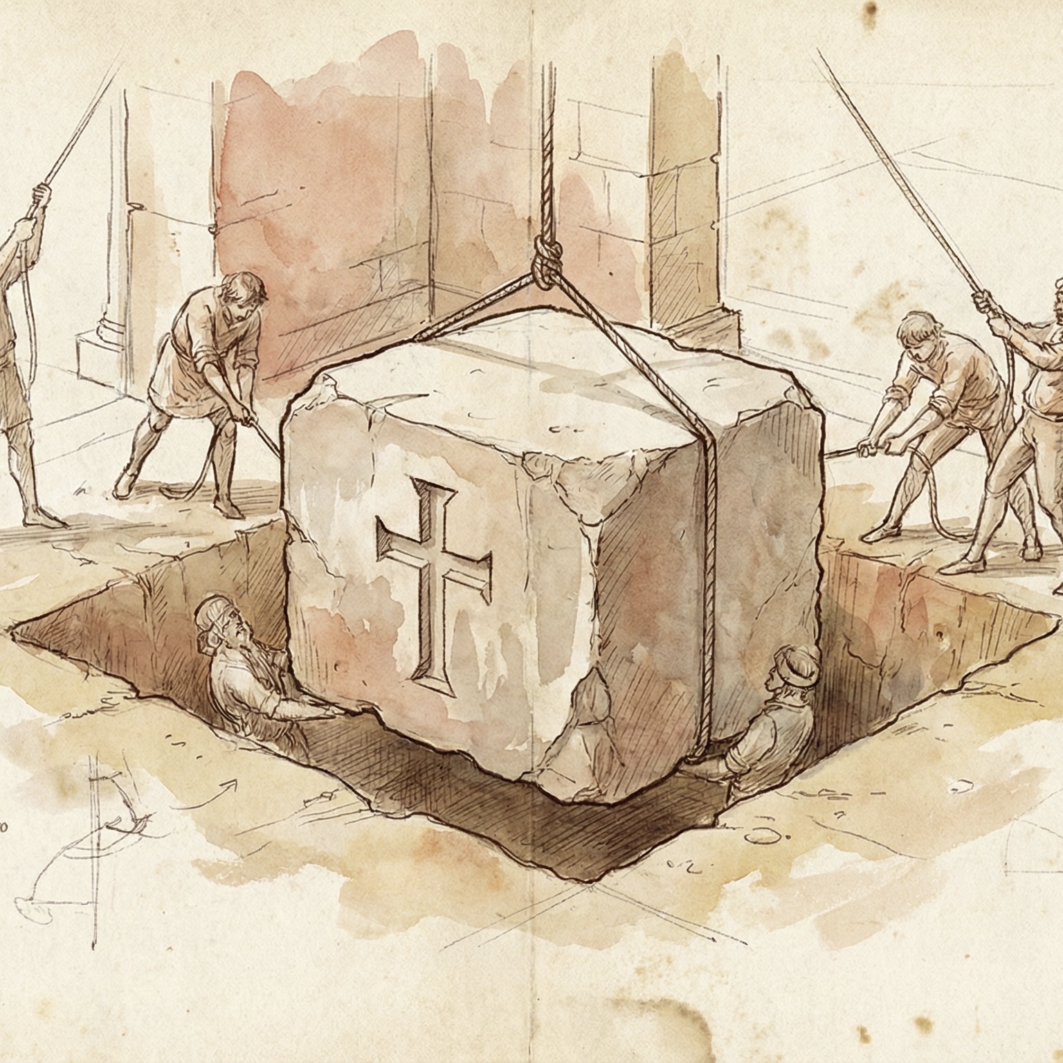 Watercolor of a cornerstone being laid