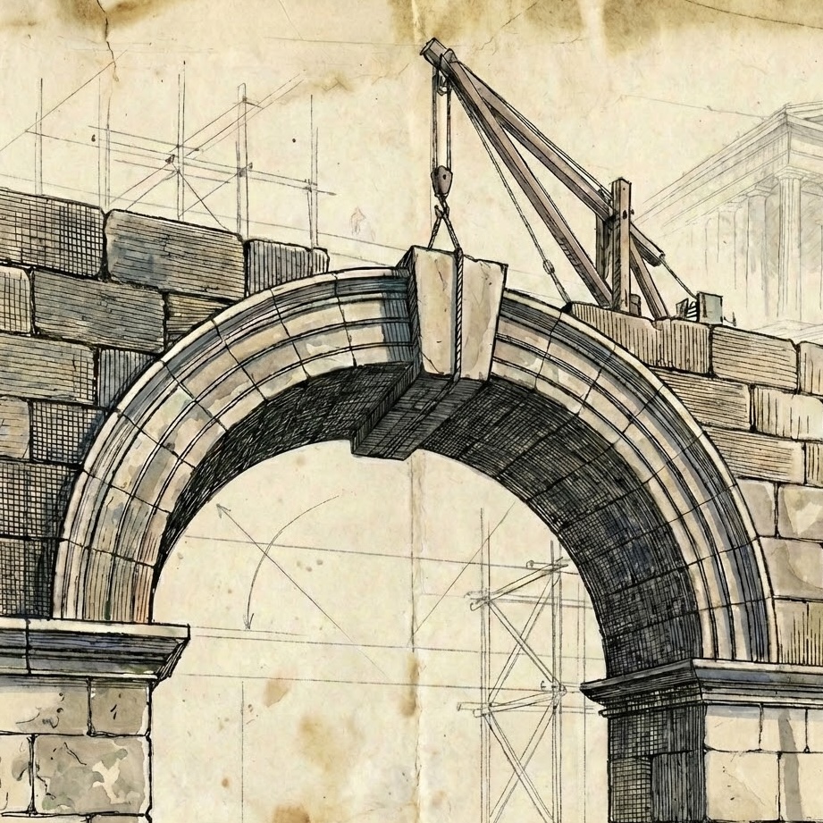 Watercolor of a stone archway under construction
